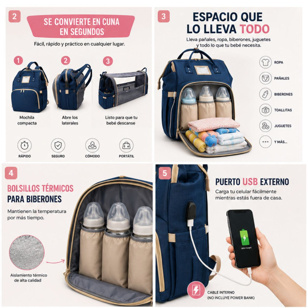 Mochila Pañalera Bebé 3 en 1 con Cuna Portátil USB Impermeable BabyNest™