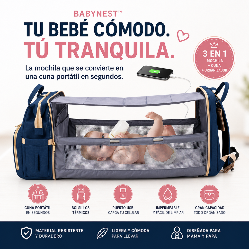 Mochila Pañalera Bebé 3 en 1 con Cuna Portátil USB Impermeable BabyNest™